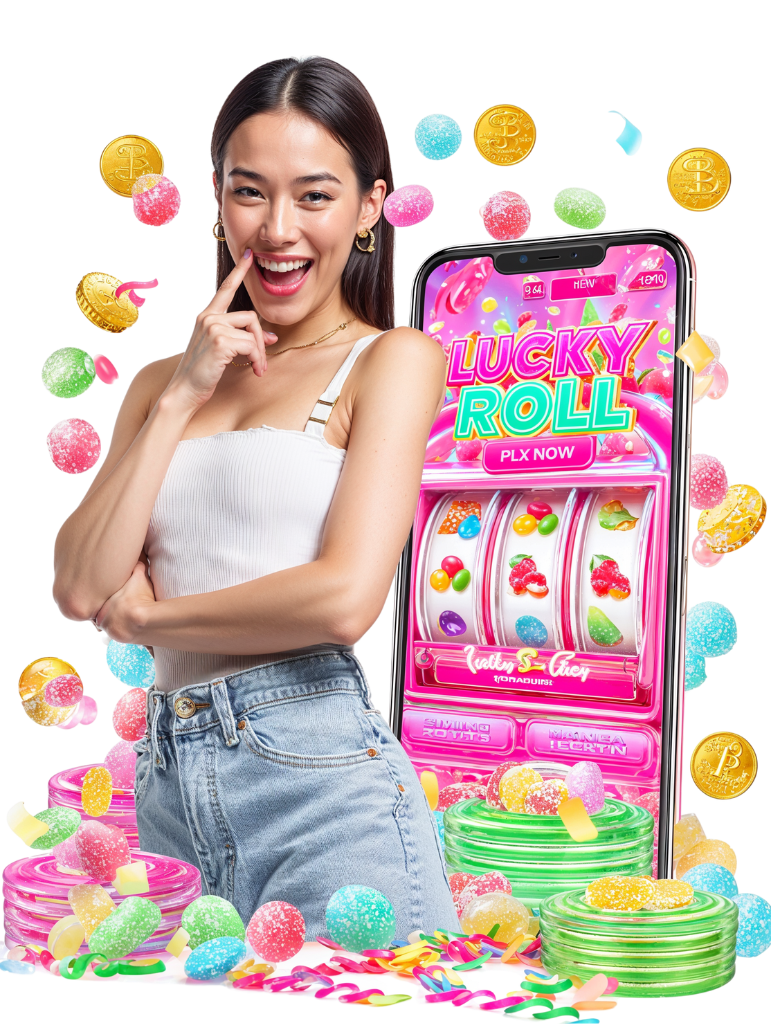 An excited woman celebrating a win on the Lucky Roll app